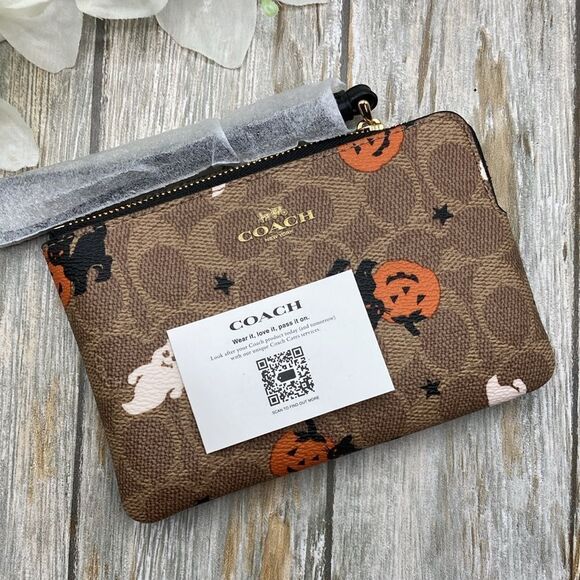 Corner Zip Wristlet In Signature Canvas With Halloween Graphic Wallet Bag Purse - Picture 4 of 10